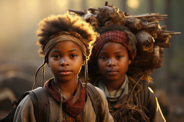Two young beautiful African children walking for firewood in forest. Hardworking faces and load of branches on their backs. Girl and boy. Concept of poverty, travel, tourism, child protection, family  - obrazy, fototapety, plakaty