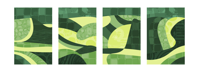 Abstract aesthetic eco green collage design. Organic nature shape vector illustration. Landscape pattern composition. Geometric field ornament. Contemporary poster collection, modern field background