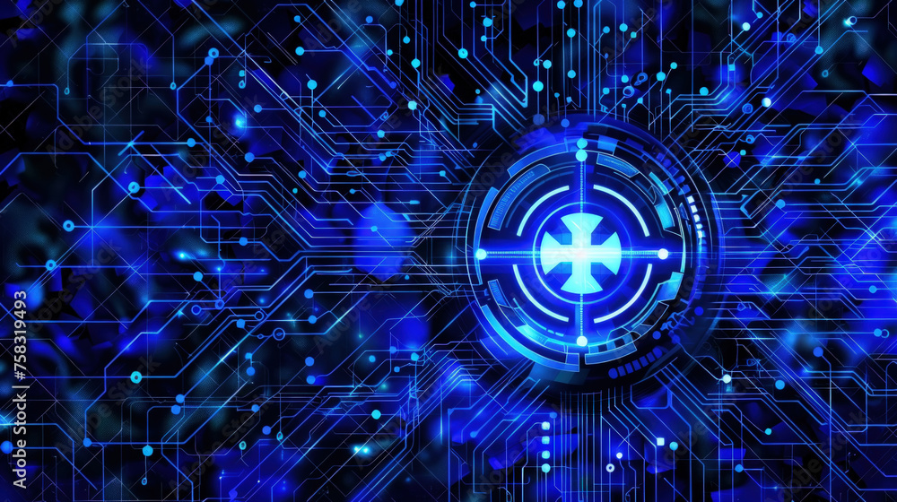 Poster a vibrant blue circuit board design features a central cpu icon, symbolizing high-tech digital proce