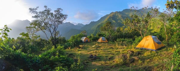 Panorama of camping in the mountains using a tent in the morning