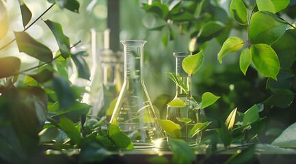 A laboratory flask standing amidst plants
