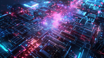 Obraz premium A computer circuit board is illuminated by various colored lights, creating a vibrant and technological display