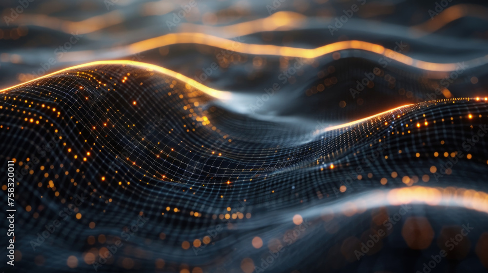 Poster a computer generated depiction of a powerful wave of light moving through a digital environment, sho