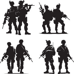 Silhouettes of American soldiers with guns and backpacks