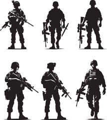 Silhouettes of American soldiers with guns and backpacks