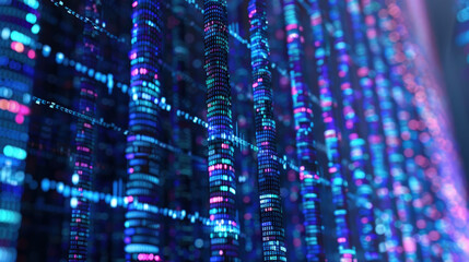 A close-up view of a digital matrix, with streams of vibrant, colored data flowing vertically, symbolizing high-tech data processing - obrazy, fototapety, plakaty