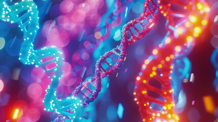 A vibrant illustration of DNA strands with a bokeh effect symbolizing genetic research and molecular biology