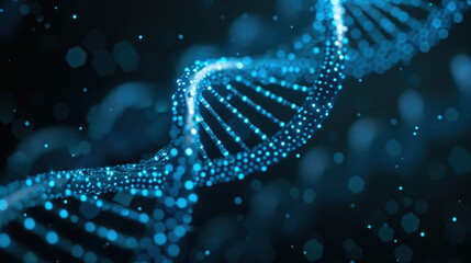 A detailed representation of a DNA double helix glowing with blue lights against a dark backdrop, symbolizing genetic research and biotechnology advancements