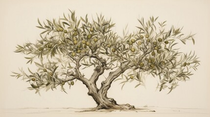 Vintage sketch of an olive tree in bloom delicate lines and muted colors