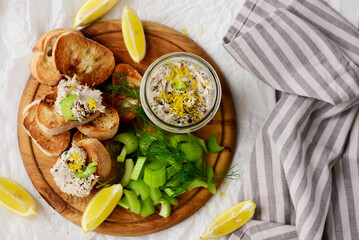 Smoked mackerel rillettes with croutons and celery .top veiw