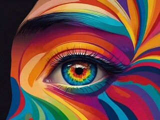 Capturing the intense gaze of a female eye, with a pupil adorned in a spectrum of vivid colors reminiscent of a rainbow, representing the limitless possibilities and creativity