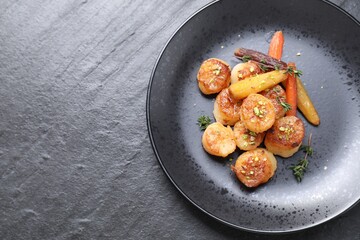 Delicious fried scallops on dark gray textured table, top view. Space for text