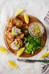 Smoked mackerel rillettes with croutons and celery .top veiw