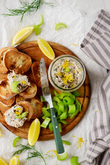 Smoked mackerel rillettes with croutons and celery .top veiw