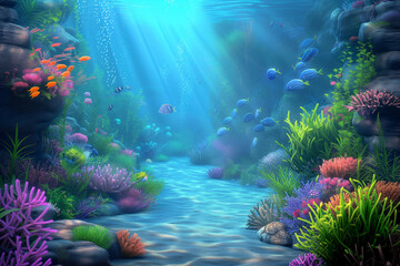 Mesmerizing underwater world with fish, corals, rocks and sand at the bottom in the sunlight breaking through the water