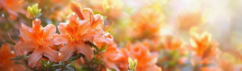 orange azaleas in full bloom radiate warmth against a soft, colorful backdrop - obrazy, fototapety, plakaty