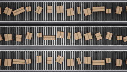 A large group of differently sized neutral cardboard boxes on a conveyor belt. Consumerism or mail order concept. Top down view © Andreas Prott