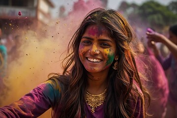 A stunning visual of a girl, her face and hair adorned with intricate henna designs, surrounded by a cloud of colorful paint dust . - obrazy, fototapety, plakaty