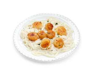 Delicious scallop pasta in plate isolated on white