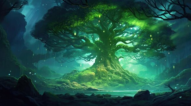 Majestic towering tree casting its spell in the fantasy landscape Seamless looping 4k time-lapse virtual video animation background. Generated AI