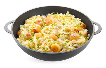 Delicious scallop pasta with onion in pan isolated on white