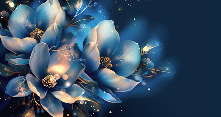 Digital art creation of a Glowing blue magnolia flowers with striking golden accents