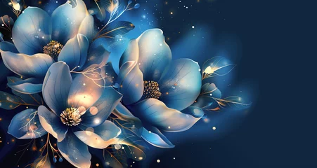 Gordijnen Digital art creation of a Glowing blue magnolia flowers with striking golden accents © alex