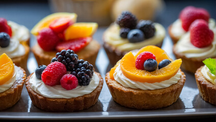 beautiful different cakes with berries on display dessert