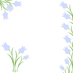 Square frame template of blue flowers with green stem. For design, creation of cards, invitations, banners, announcements related to joy, holiday, botany.