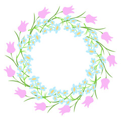Fototapeta na wymiar Beautiful wreath of pink fnd blue flowers. For design of cards, holiday invitations.
