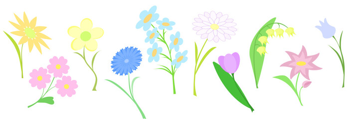 set of flowers
A set of 10 spring branches of different shapes and different colors: yellow, orange, pink, blue, light blue, violet. Flowers on a white background, each item separately.