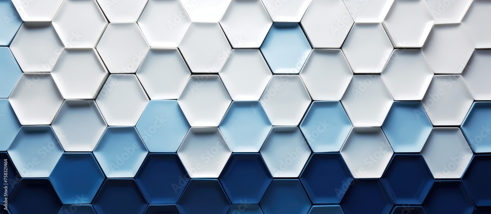 Poster a close up of an azure and white hexagon pattern on a wall, showcasing symmetry in the meshlike desi