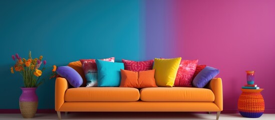 Stylish couch with cushions by colorful wall in a living space.