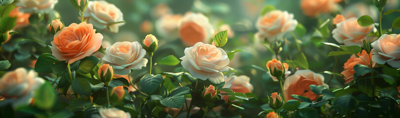 a dense garden, illuminating the delicate petals of blooming roses