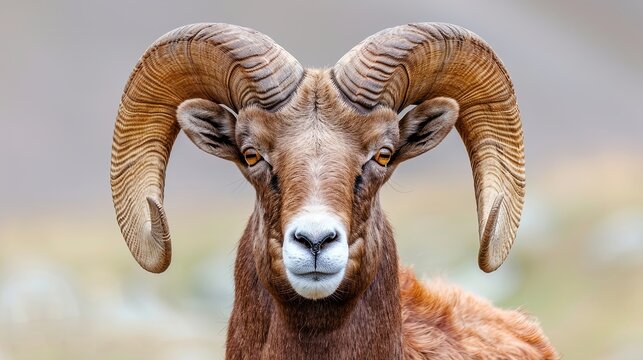 Close-up portrait of a ram with curved horns. Detailed image of the muzzle. A domestic animal is looking at something. Illustration for cover, card, poster, brochure or presentation.