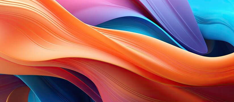 A closeup of a vibrant wave resembling a petal pattern in shades of magenta, peach, and electric blue on a blue background, reminiscent of a painting from a flowering plant