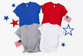 Red, blue, gray white T Shirt Mockup with 4th of July American Background. 4 t shirt mock up. Copy...