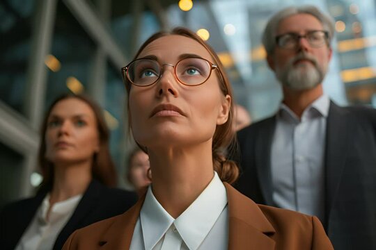 A focused young woman in glasses looks upward with determination, surrounded by colleagues in a modern office environment. This image captures ambition and teamwork.
