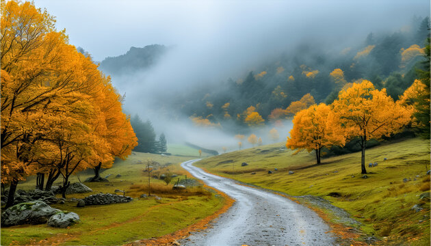 A road runs through a forest with trees that are yellow and orange. Natural autumn landscape
