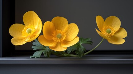 a group of yellow flowers sitting on top of a window sill next to a window sill with green leaves.