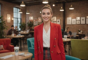 A businesswoman in a red blazer stands confidently in a modern workspace, her professional attire accentuating her role as an emerging leader.