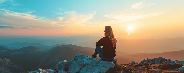 woman sitting on a mountain rock enjoying the view at sunset