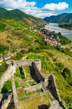 View from castle Hinterhaus in Spitz Wachau Austria with Danube river and vineyards
