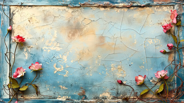 A blue pink antique background with cracks, old newspapers and flowers. Vintage background space for text