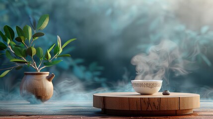 A 3D rendering of a tea canister and teacup displayed on a wooden podium. The canister features an engraved style with tea leaves and a smoke cloud emanating from it - obrazy, fototapety, plakaty
