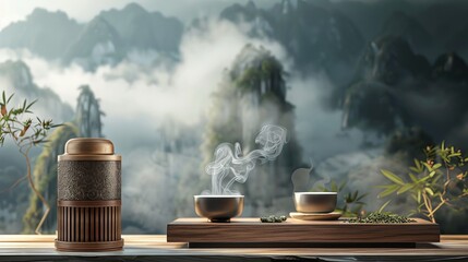 A 3D rendering of a tea canister and teacup displayed on a wooden podium. The canister features an engraved style with tea leaves and a smoke cloud emanating from it - obrazy, fototapety, plakaty