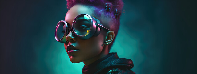 Naklejka premium Fashionable african american woman with trendy hairstyle and sunglasses. Glasses Shop Concept