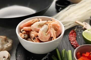 Different products for cooking wok on table, closeup