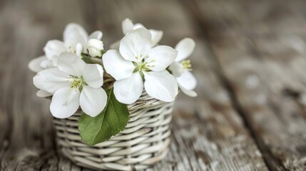 Fototapeta premium a basket filled with white flowers sitting on top of a wooden table next to a green leaf on top of a wooden table.