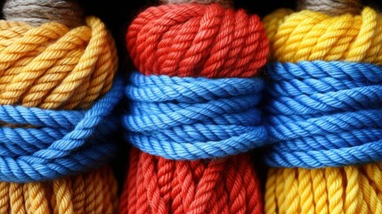 three skeins of multicolored yarn sitting side by side on top of each other on a black surface.